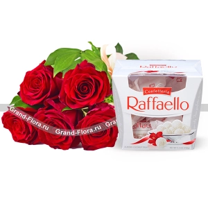 5 красных роз + Raffaello
